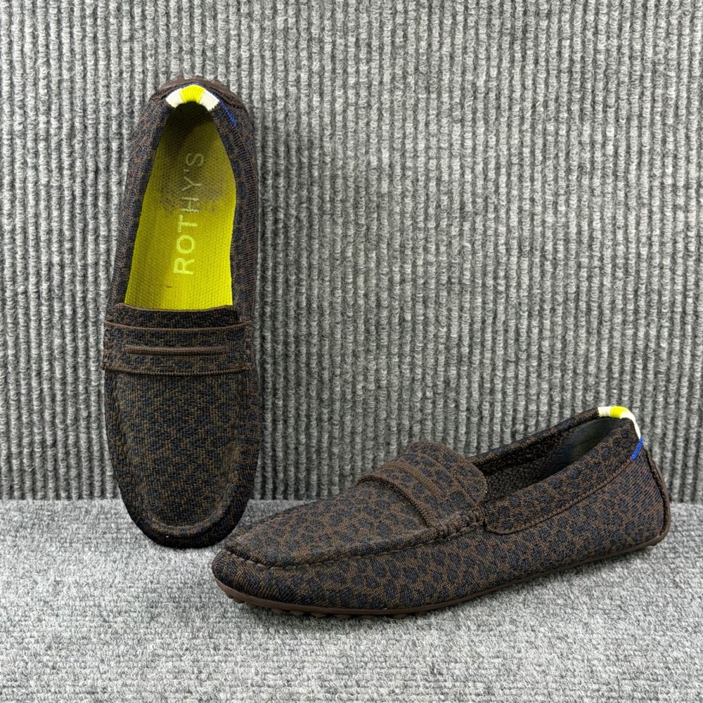 Rothys The Driver Loafers Brown Leopard Print Knit Driving Shoes Women 8 Slip On